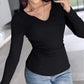 Notch Neck Built in Bra Ruched Waist Rib knit Top
