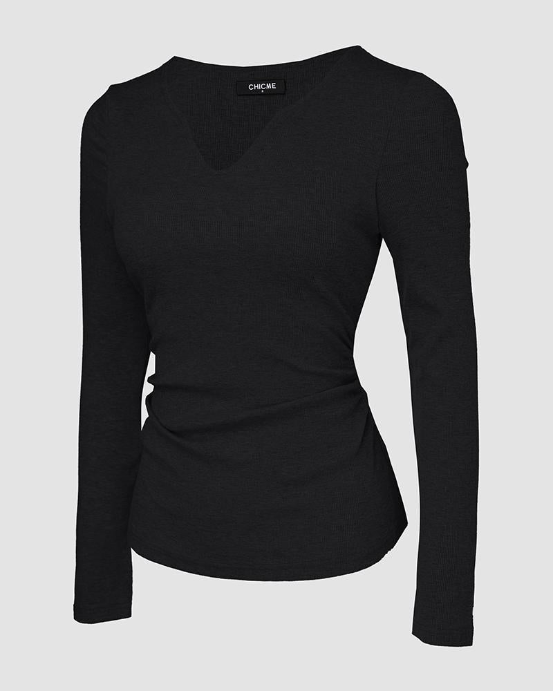 Notch Neck Built in Bra Ruched Waist Rib knit Top