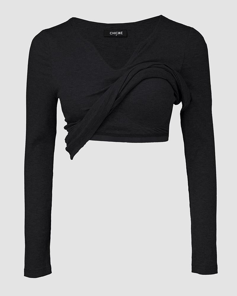 Notch Neck Built in Bra Ruched Waist Rib knit Top