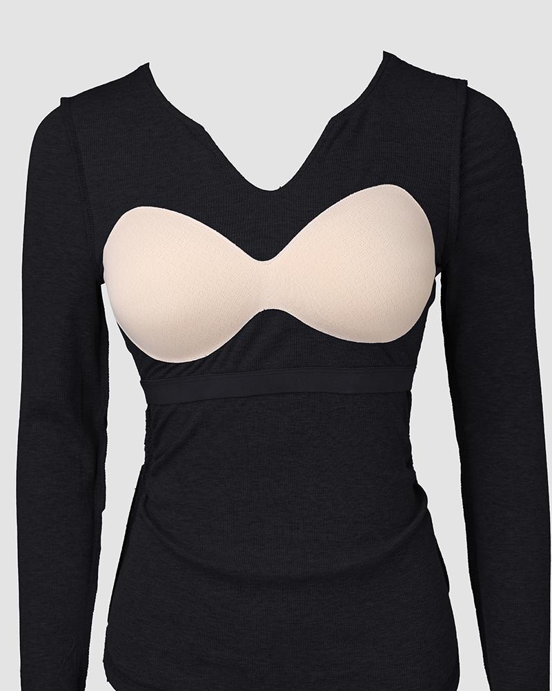 Notch Neck Built in Bra Ruched Waist Rib knit Top