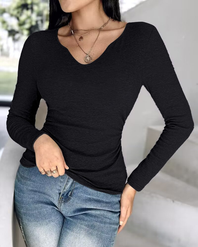 Notch Neck Built in Bra Ruched Waist Rib knit Top