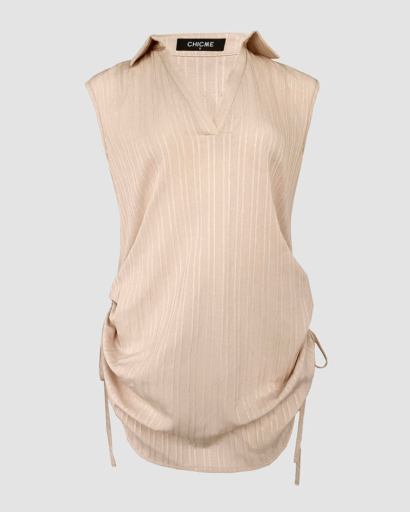 V Neck Turn down Neck Sleeveless Drawstring Hollow out Mini Dress Vacation Cover Up