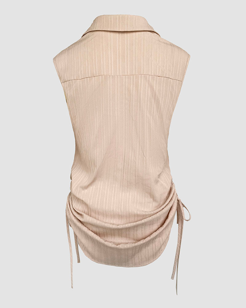 V Neck Turn down Neck Sleeveless Drawstring Hollow out Mini Dress Vacation Cover Up