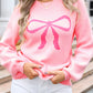 Pink Bow Graphic Drop Shoulder Round Neck Sweater