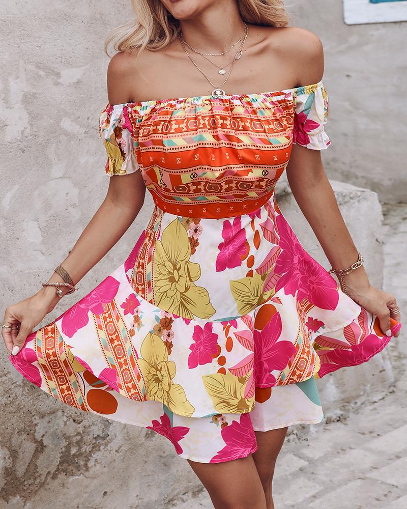 Off Shoulder Ruffle Hem Floral Print Dress