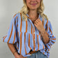 Sky Blue Stripe Crinckled Ruffled Sleeve Button up Loose Shirt
