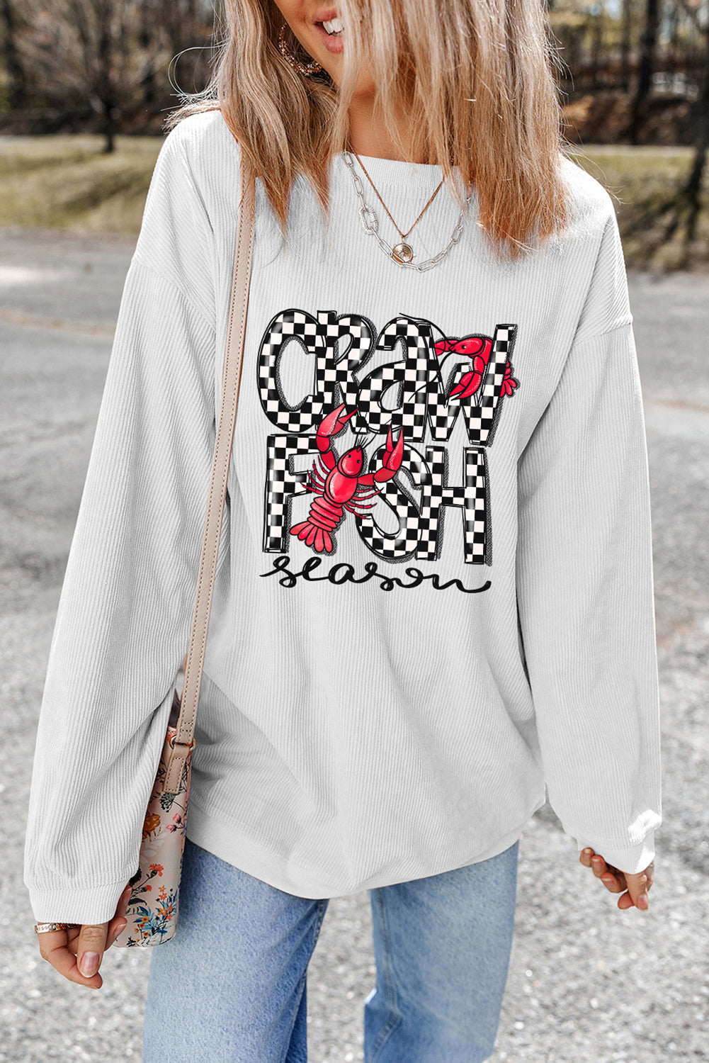 White Crawfish Season Checkered Letter Graphic Corded Sweatshirt