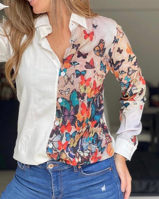 Butterfly Print Turn down Collar Buttoned Casual Top