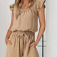 Square Neck Ruffles Sleeve Pocket Design Jumpsuit Casual Drawstring Wide Leg Cargo Romper