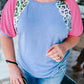 Sky Blue Leopard Print Patch Colorblock Plus Size T Shirt