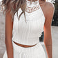 2 Pieces Outfit Rippling Contrast Lace Halter Sleeveless Top and Casual Drawstring Shorts Set