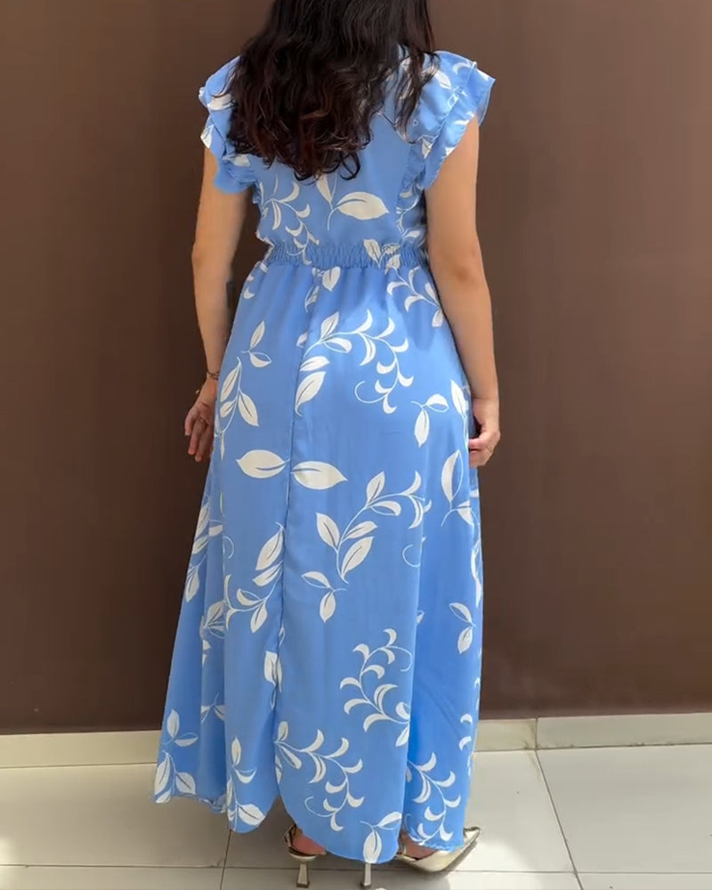 Floral Print Tie Neck Shoulder Ruffles Maxi Dress Casual Waist Shirred A Line Dress