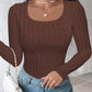 U Neck Long Sleeve Ribbed Tops Fleece Lined Basic Layering Soft Thermal Tee