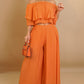 2 Pieces Outfit Off Shoulder Ruffles Crop Top and Casual High Waist Wide Leg Pants Set