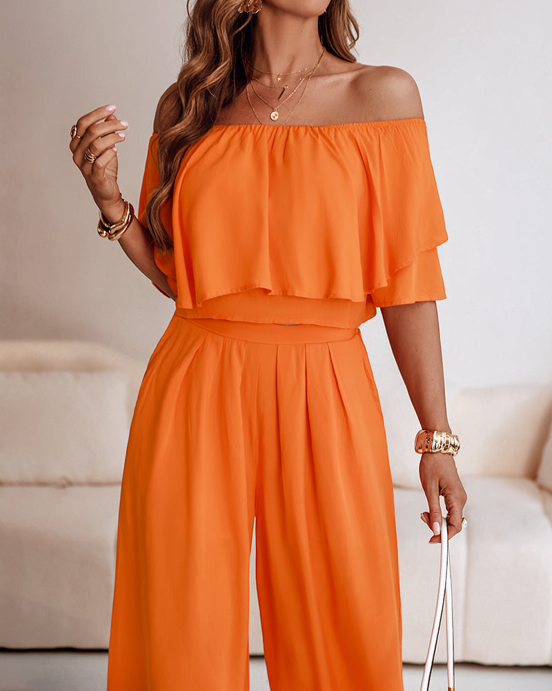 2 Pieces Outfit Off Shoulder Ruffles Crop Top and Casual High Waist Wide Leg Pants Set
