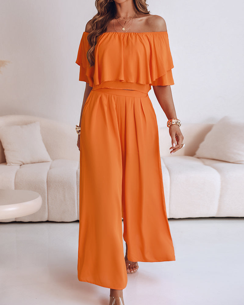 2 Pieces Outfit Off Shoulder Ruffles Crop Top and Casual High Waist Wide Leg Pants Set