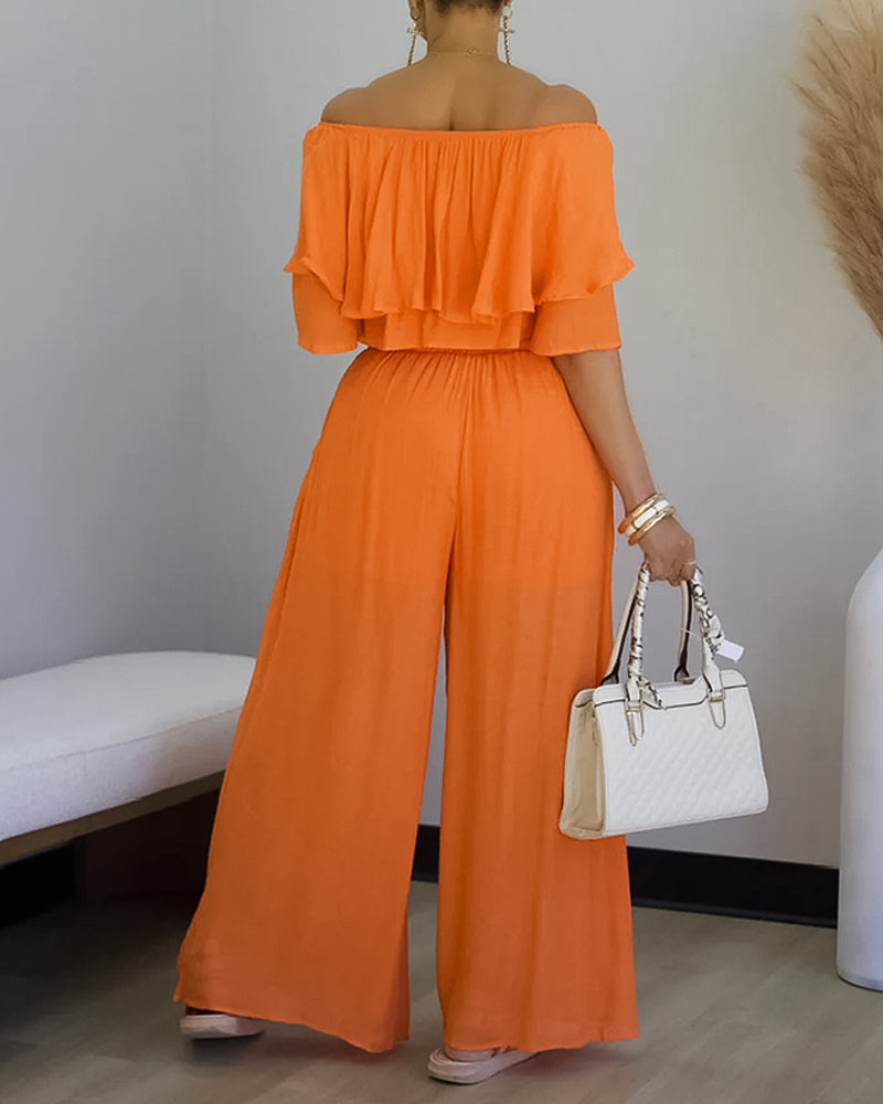 Off the Shoulder Layered Trim Waist Jumpsuit Casual Wide Leg Romper