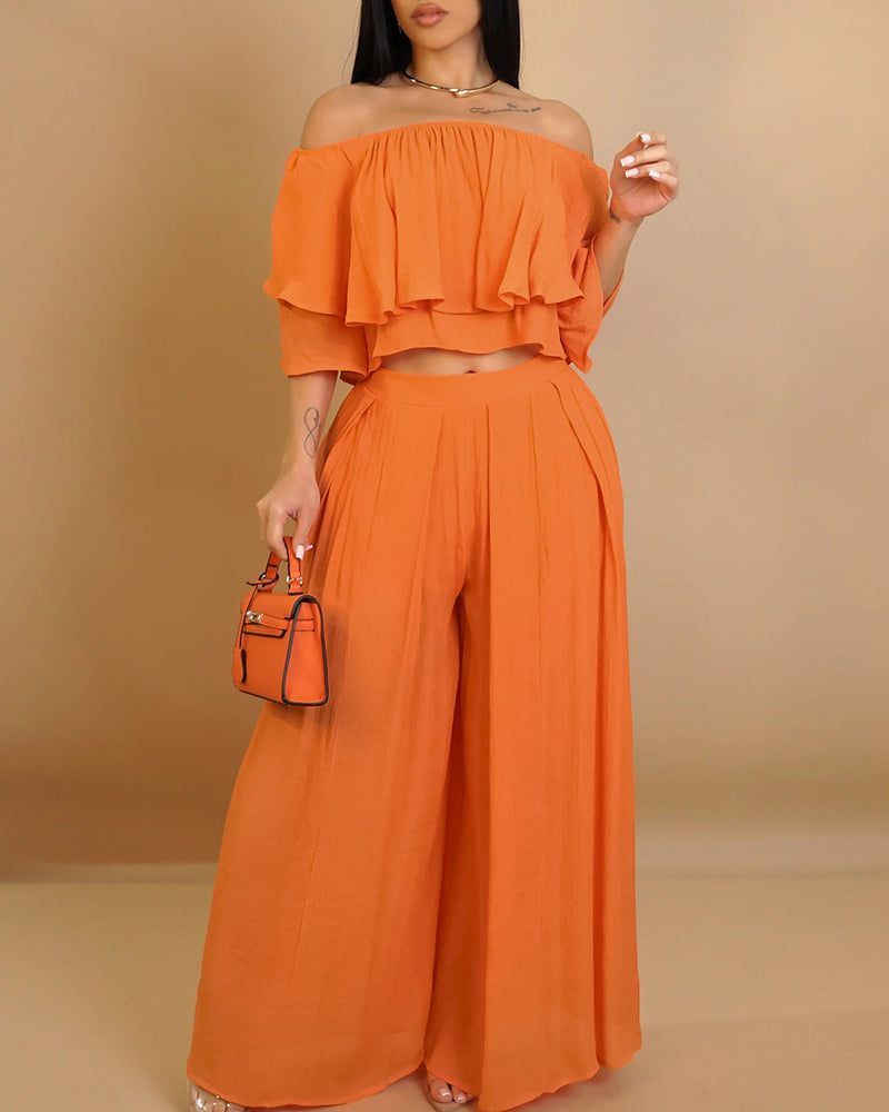 Off the Shoulder Layered Trim Waist Jumpsuit Casual Wide Leg Romper