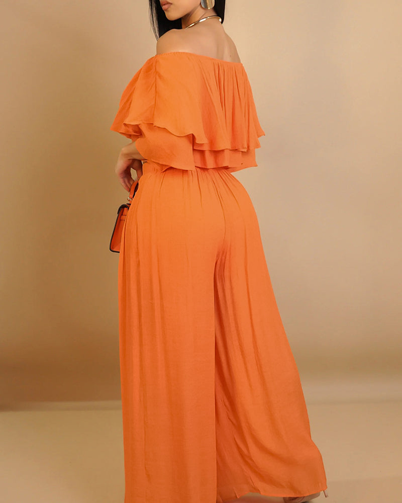 Off the Shoulder Layered Trim Waist Jumpsuit Casual Wide Leg Romper