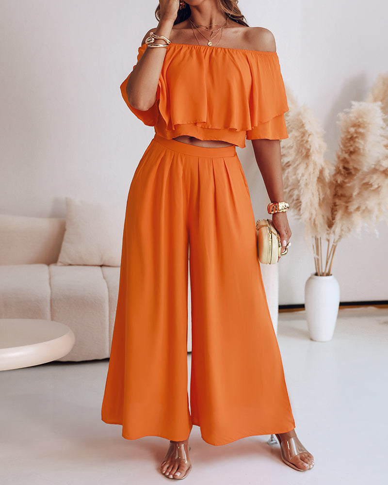 Off the Shoulder Layered Trim Waist Jumpsuit Casual Wide Leg Romper