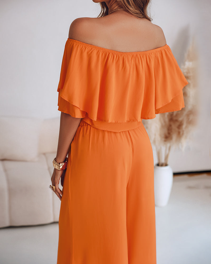 Off the Shoulder Layered Trim Waist Jumpsuit Casual Wide Leg Romper