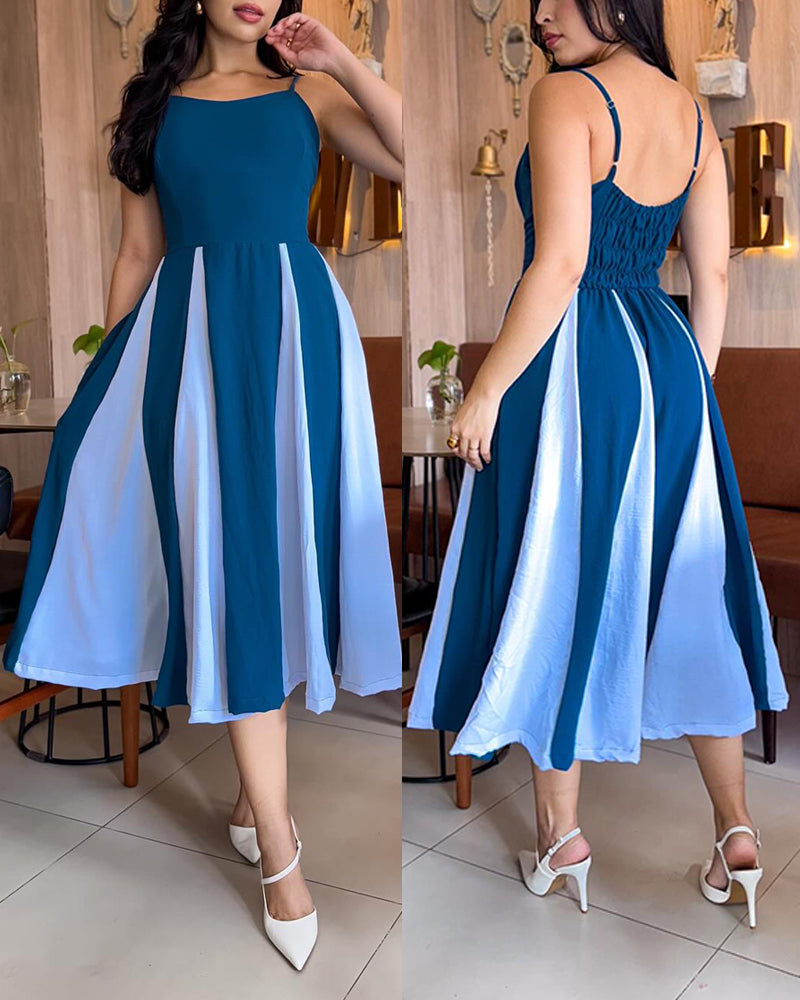 Colorblock Spaghetti Strap Waist A Line Dress Casual Back Shirred Midi Dress