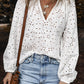 White Eyelet Embroidered Puff Sleeve V Neck Blouse