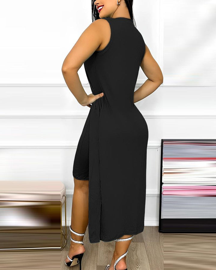 Rhinestone Sleeveless Ruched Asymmetrical Casual Dress