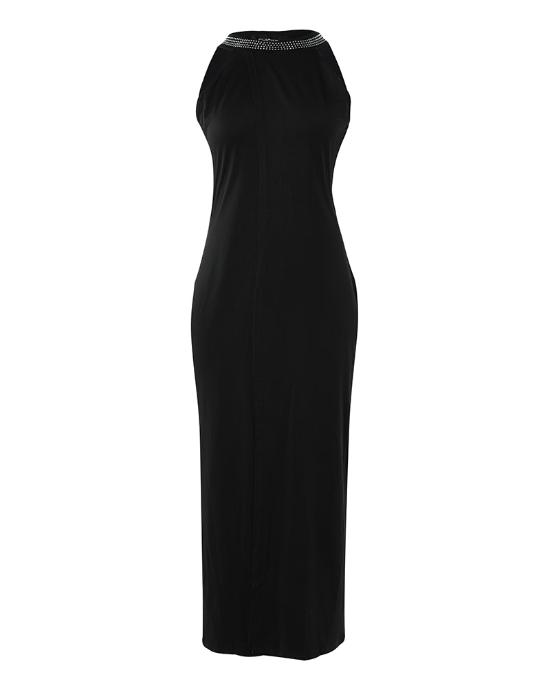 Rhinestone Sleeveless Ruched Asymmetrical Casual Dress