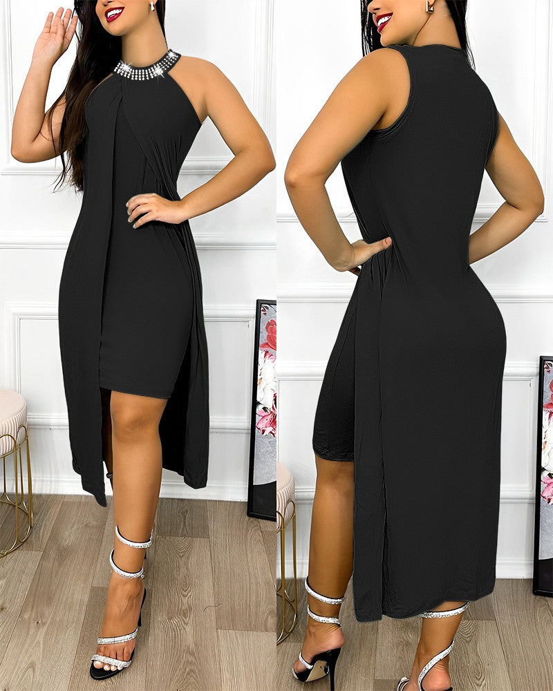 Rhinestone Sleeveless Ruched Asymmetrical Casual Dress