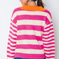 Rose Stripe Color Block Collared V Neck Drop Shoulder Sweater