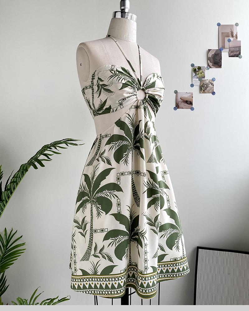 Floral Print Halter Tied Detail Elastic Shirred Back Mini Dress Casual A Line Dress