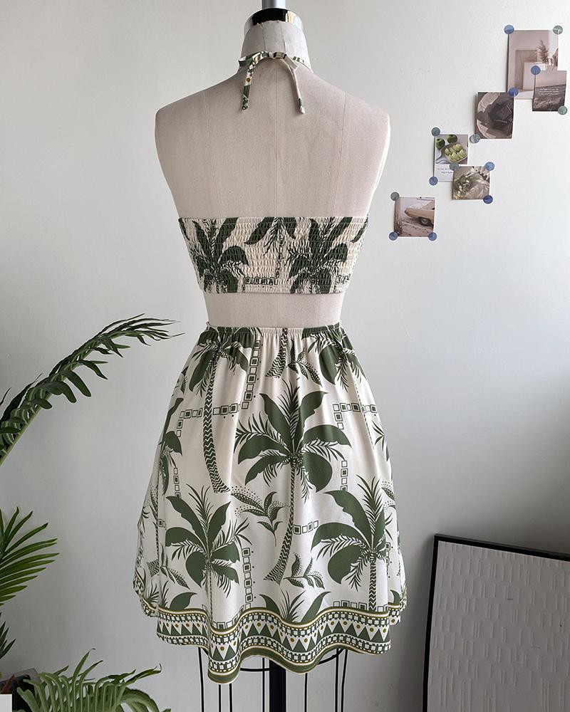 Floral Print Halter Tied Detail Elastic Shirred Back Mini Dress Casual Hollow Out A Line Vacation Dress