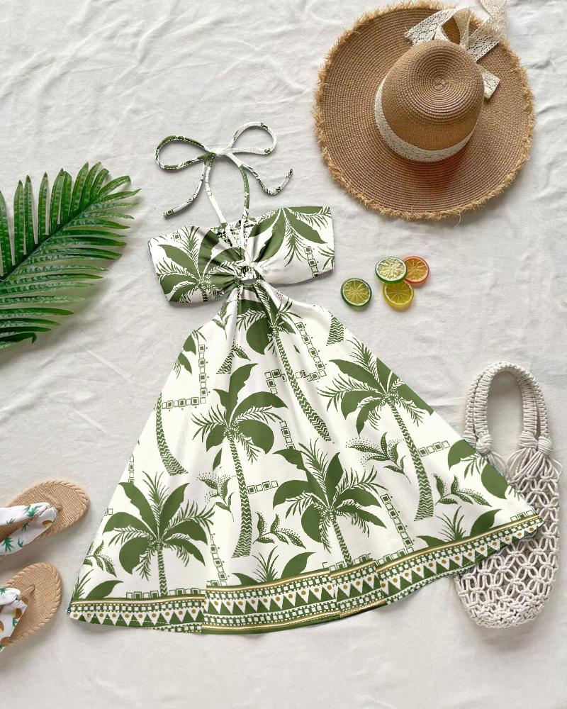 Floral Print Halter Tied Detail Elastic Shirred Back Mini Dress Casual Hollow Out A Line Vacation Dress