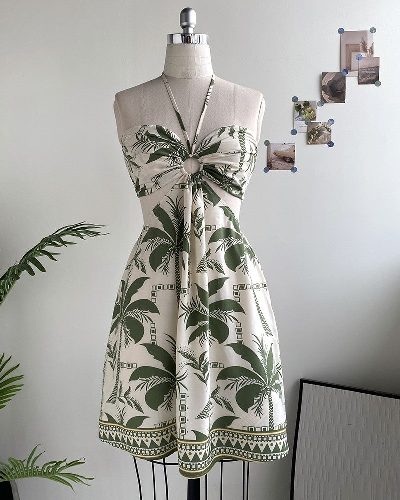Floral Print Halter Tied Detail Elastic Shirred Back Mini Dress Casual Hollow Out A Line Vacation Dress