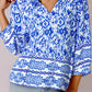 Blue Boho Printed 3/4 Sleeve Tied Neck Blouse