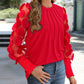 Polka Dot Pattern Round Neck Long Sleeve Sheer Mesh Shirred Blouse Elegant Top