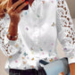 Lace Butterfly Print V Neck Long Sleeve Patchwork Casual Blouse