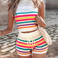 Striped Hollow Out Sleeveless Top & Drawstring Shorts Set