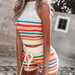 Striped Hollow Out Sleeveless Top & Drawstring Shorts Set