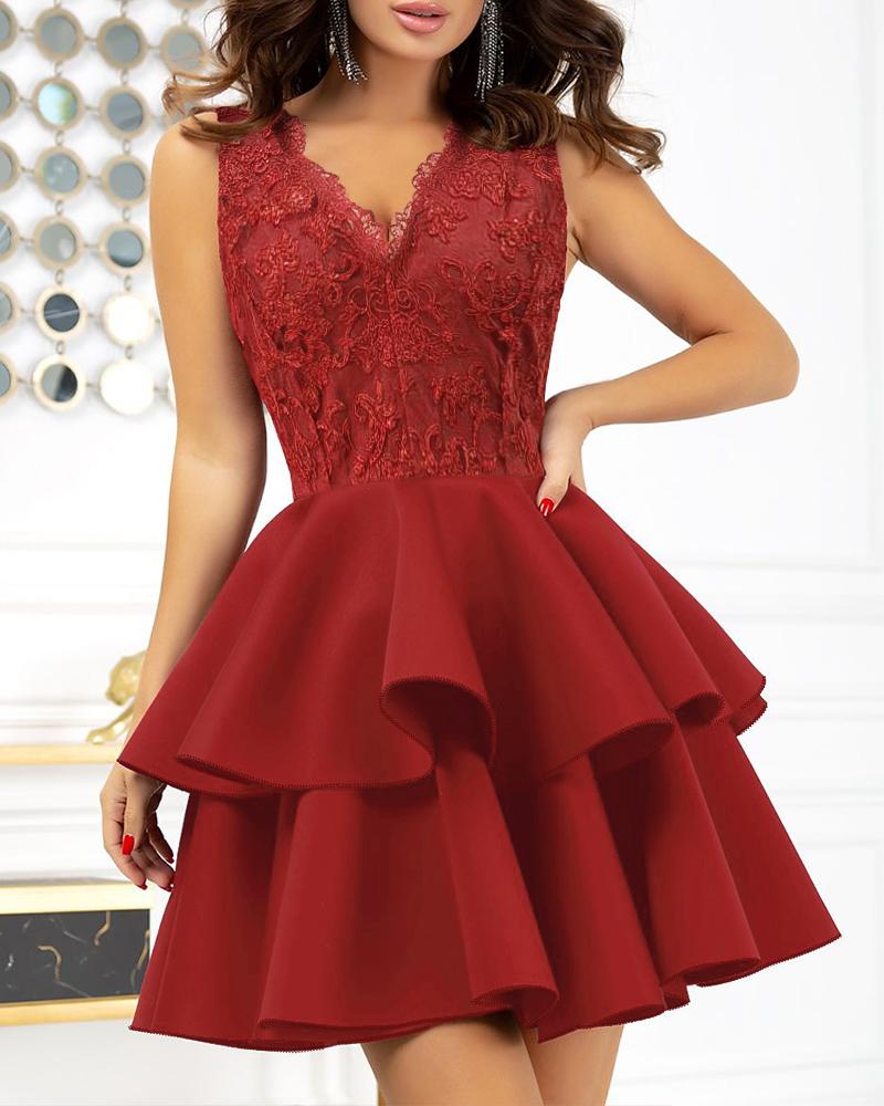 Lace V Neck Sleeveless Zipper Design Cinched Waist A Line Mini Dress Elegant Party Dress