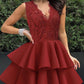 Lace V Neck Sleeveless Zipper Design Cinched Waist A Line Mini Dress Elegant Party Dress