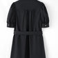 Black Button Up Tie Waist Puff Sleeve Mini Dress