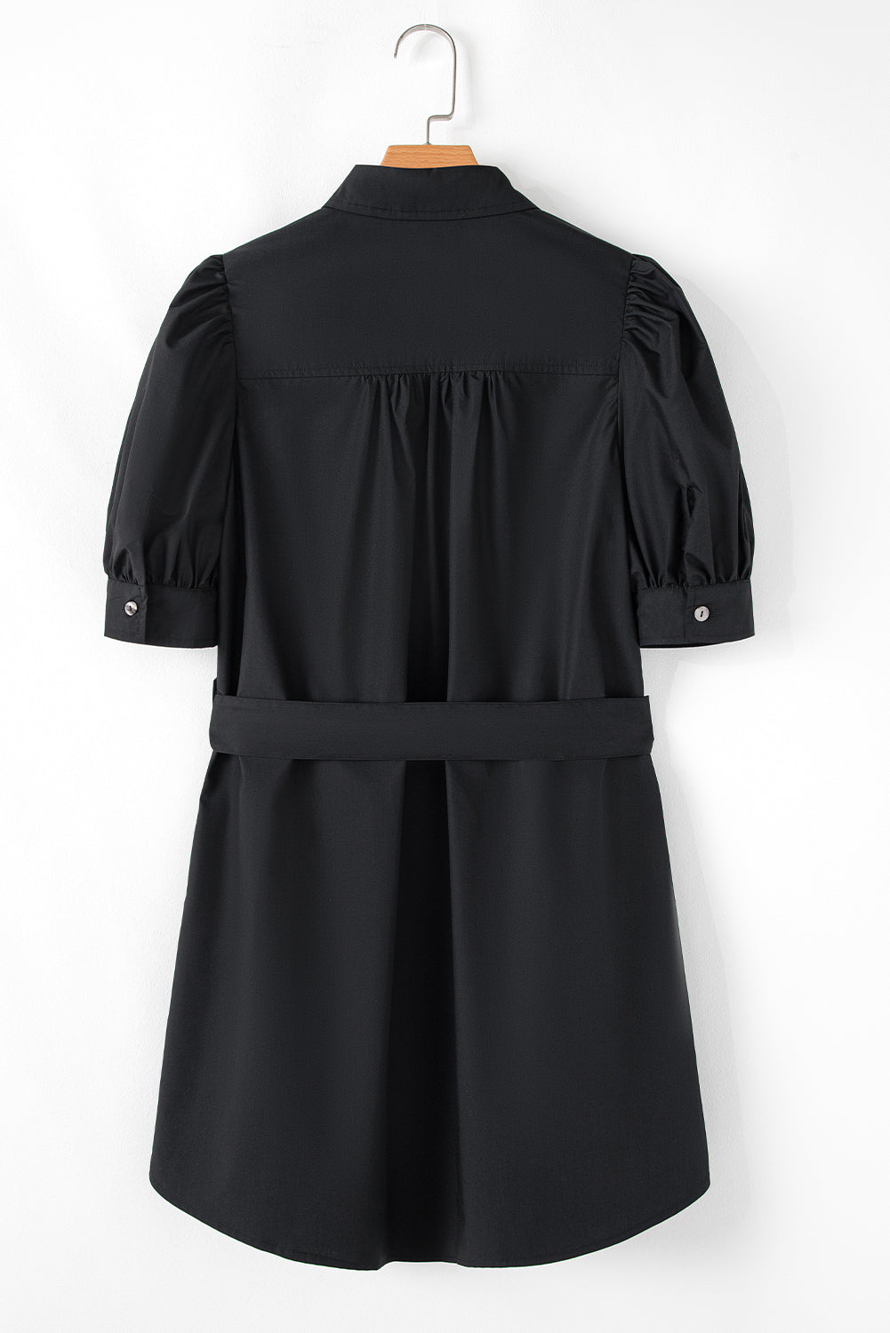 Black Button Up Tie Waist Puff Sleeve Mini Dress