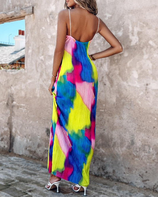 Colorblock Tie Dye Print Pleated Cami Maxi Dress