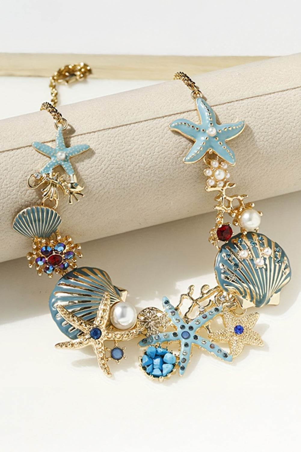 Light Blue Seashell Starfish Pearl Decor Alloy Adjustable Necklace