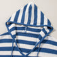 Blue Stripe V Neck Pocketed Drawstring Hooded Sweater