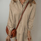 Tan Puff Sleeve Buttoned Tiered Pleated Shirt Mini Dress