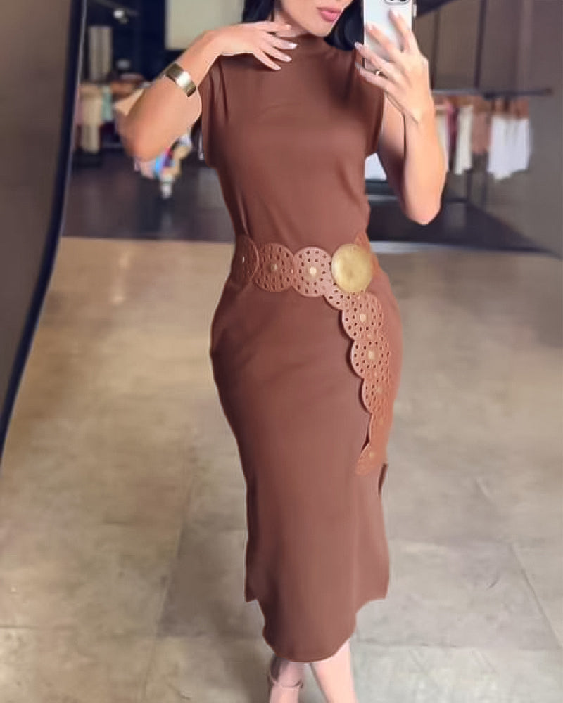 High Neck Sleeveless Side Slit Dress With Pocket(With Belt)