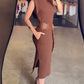 High Neck Sleeveless Side Slit Dress With Pocket(With Belt)